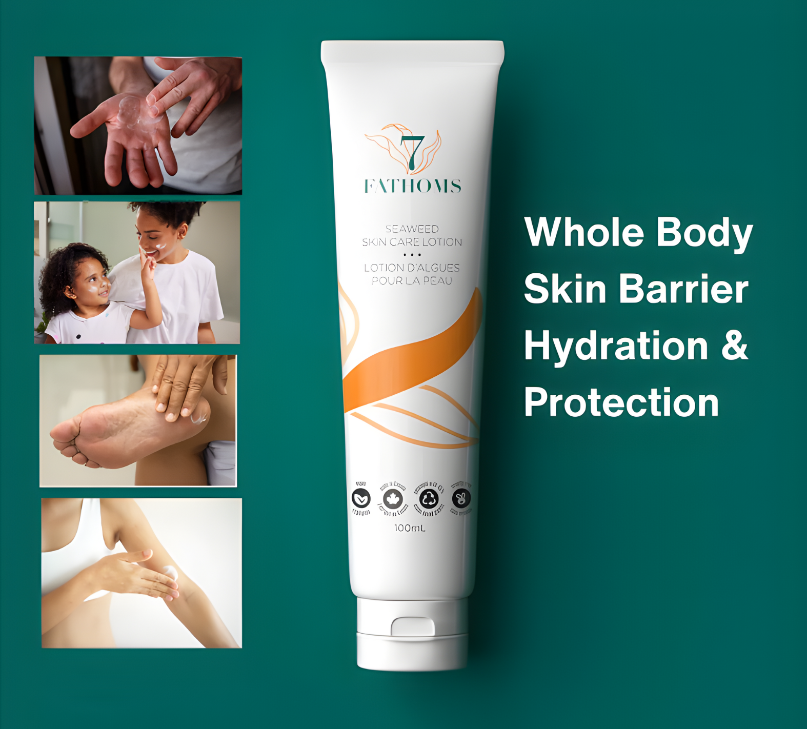 Multi-functional 7 Fathoms **seaweed lotion** tube with collage showing whole body skin barrier hydration on hands, face, feet, and arms.