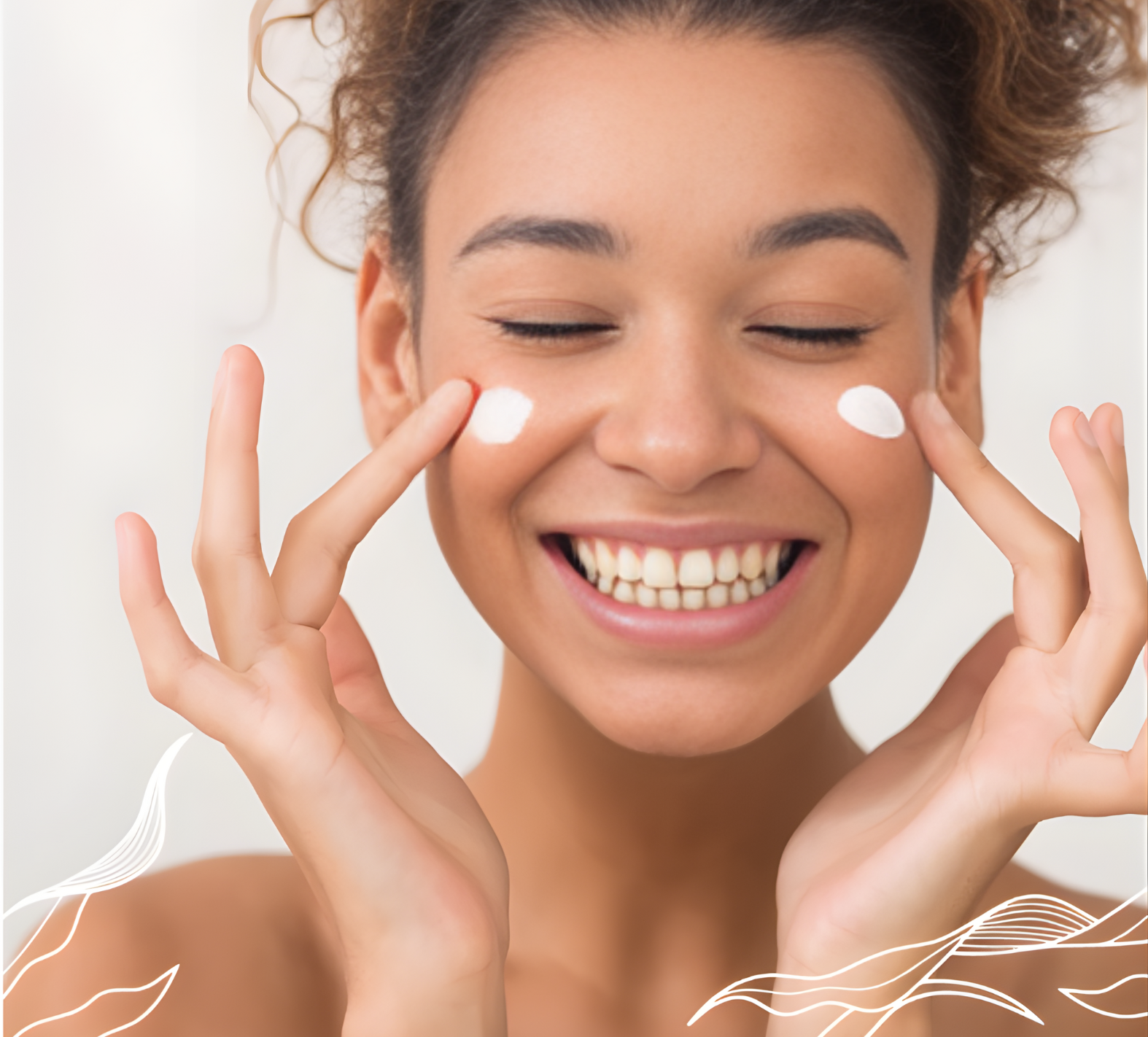 Smiling woman applying 7 Fathoms **seaweed lotion for sensitive skin** to her face for deep hydration.