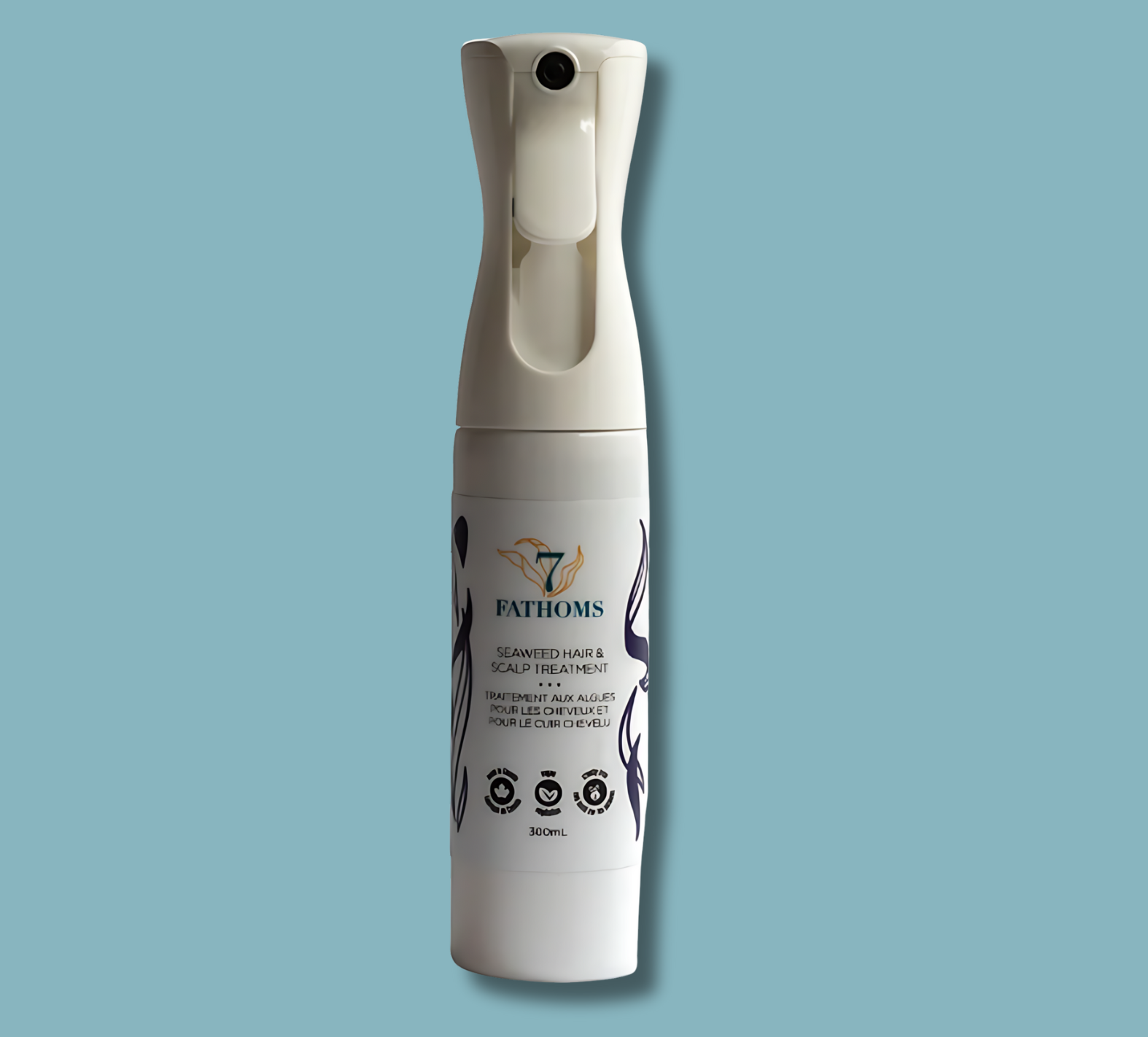 Large 300ml bottle of 7 Fathoms Seaweed Hair, Scalp & Body Spray for nourishing hair and soothing the scalp, sold at Spruce Path Health.