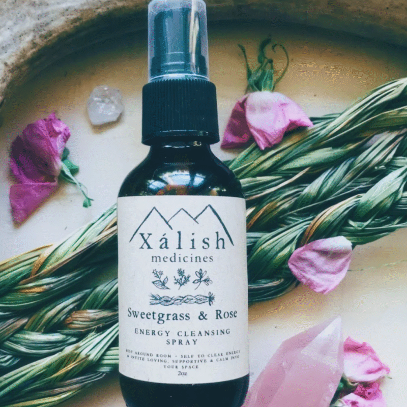 Sweetgrass & Rose Energy Aligning Spray by Xalish Medicines, crafted to refresh energy, promote clarity, and support grounding with traditional sweetgrass and rose.
