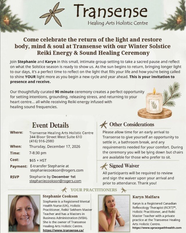 We have some available space for our WINTER SOLSTICE REIKI ENERGY & SOUND HEALING CEREMONY on Thursday, December 17th from 7-8:30pm @transensehealing 💙💙💙 If you’d like to attend please reach out to Stephanie Cookson at stephaniecookson@rogers.com  Hope to see you there!
