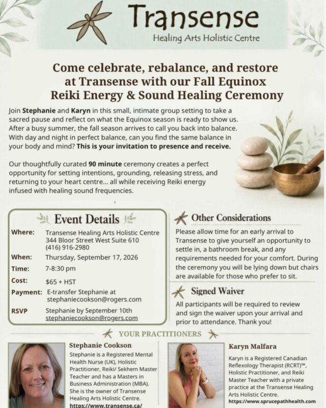 REGISTER TODAY FOR OUR FALL EQUINOX REIKI ENERGY & SOUND HEALING CEREMONY 🍁🍂🌻🌞🌗 @transensehealing 🪷🪷🪷 THURSDAY, SEPTEMBER 17th 7-8:30pm. Come and experience the healing energy of reiki and soothing integral sound frequencies in our small, intimate group setting. A chance to pause and reflect on the beauty of the summer season and welcome in the lessons the equinox offers us…balance and presence in body, mind and soul!! For registration and more information, please email Stephanie Cookson at stephaniecookson@rogers.com or DM me with any questions.